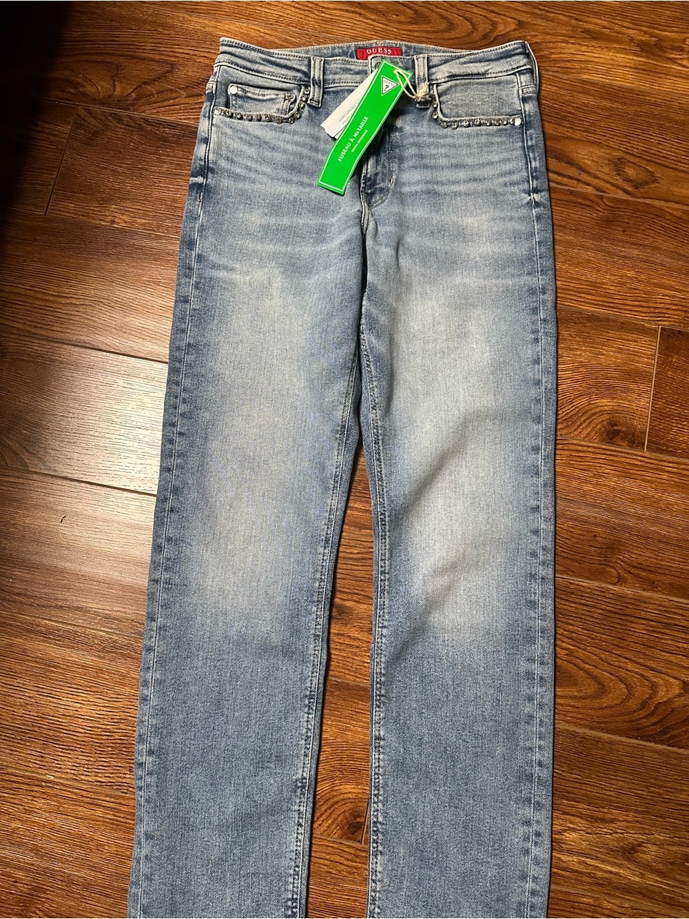New Guess Light Wash Rhinestones Light Blue Denim Stretch Jeans Sz. 26(USA 6)